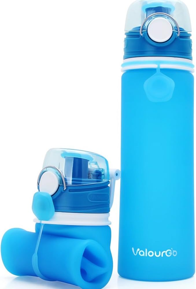 Valourgo Collapsible Water Bottle, Silicone Foldable with Leak Proof Valve BPA Free, Aqua Blue, 21 oz